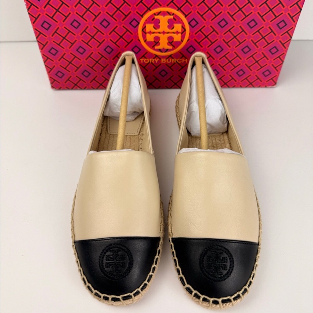 Tory Burch Cream and Black Leather Espadrille Flats